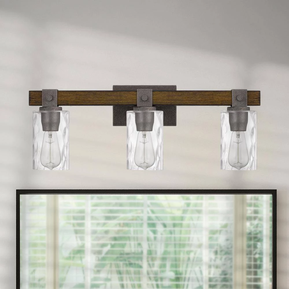 Edison 3-Light Artisan Iron and Wood Finish Vanity Light 6 in. x 24 in. x 9.25 in. by Worldwide Lighting 4 Edison 3-Light Artisan Iron and Wood Finish Vanity Light 6 in. x 24 in. x 9.25 in. by Worldwide Lighting - Image 2