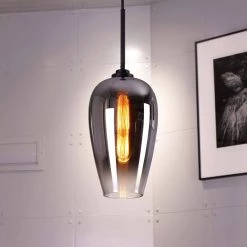 Phantasm II 7 in. x 7 in. x 17.8 in. 1-Light Black Finish Smoke Graduated Color Glass Pendant by Worldwide Lighting -Thomas Lighting Sales black worldwide lighting pendant lights e80009 001 44 1000