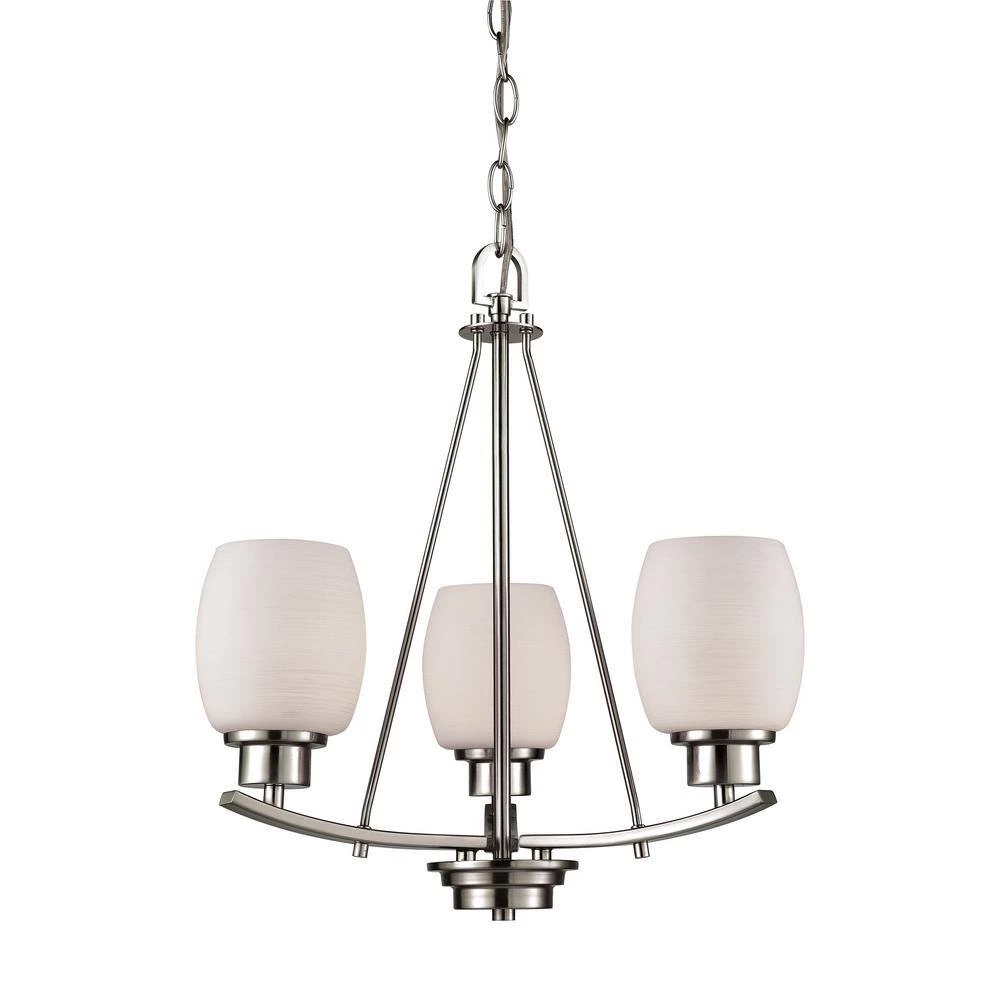 Casual Mission 3-Light Brushed Nickel Chandelier With White Lined Glass Shades by Thomas Lighting 3 Casual Mission 3-Light Brushed Nickel Chandelier With White Lined Glass Shades by Thomas Lighting