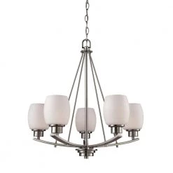 Casual Mission 5-Light Brushed Nickel Chandelier With White Lined Glass Shades by Thomas Lighting