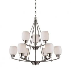Casual Mission 9-Light Brushed Nickel Chandelier With White Lined Glass Shades by Thomas Lighting