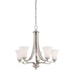 Treme 5-Light Brushed Nickel Chandelier With Etched White Glass Shades by Thomas Lighting