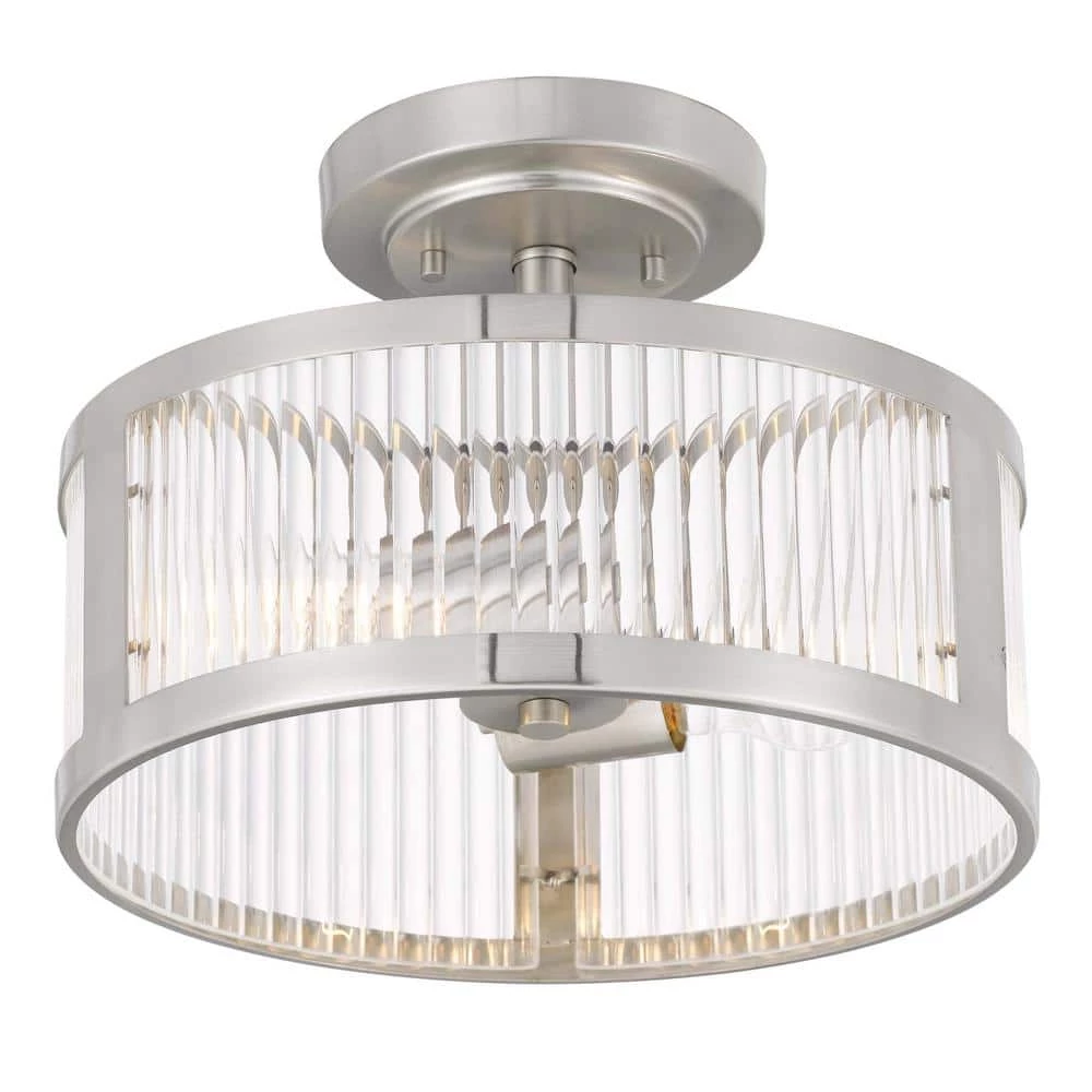 Toluca 11.8 in. x 11.8 in. x 9 in. 2-Light Brushed Nickel Finish Clear Ribbed Glass Semi-Flush Mount by Worldwide Lighting 6 Toluca 11.8 in. x 11.8 in. x 9 in. 2-Light Brushed Nickel Finish Clear Ribbed Glass Semi-Flush Mount by Worldwide Lighting - Image 4