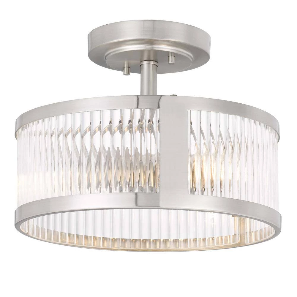 Toluca 11.8 in. x 11.8 in. x 9 in. 2-Light Brushed Nickel Finish Clear Ribbed Glass Semi-Flush Mount by Worldwide Lighting 5 Toluca 11.8 in. x 11.8 in. x 9 in. 2-Light Brushed Nickel Finish Clear Ribbed Glass Semi-Flush Mount by Worldwide Lighting - Image 3