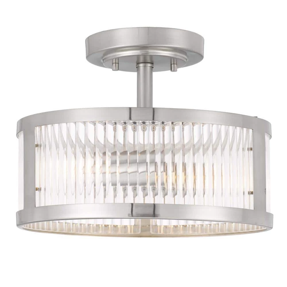 Toluca 11.8 in. x 11.8 in. x 9 in. 2-Light Brushed Nickel Finish Clear Ribbed Glass Semi-Flush Mount by Worldwide Lighting 3 Toluca 11.8 in. x 11.8 in. x 9 in. 2-Light Brushed Nickel Finish Clear Ribbed Glass Semi-Flush Mount by Worldwide Lighting