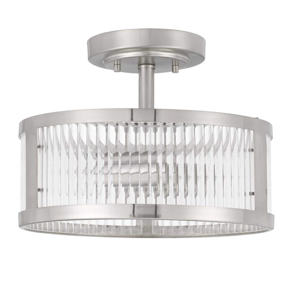 Toluca 11.8 in. x 11.8 in. x 9 in. 2-Light Brushed Nickel Finish Clear Ribbed Glass Semi-Flush Mount by Worldwide Lighting 4 Toluca 11.8 in. x 11.8 in. x 9 in. 2-Light Brushed Nickel Finish Clear Ribbed Glass Semi-Flush Mount by Worldwide Lighting - Image 2