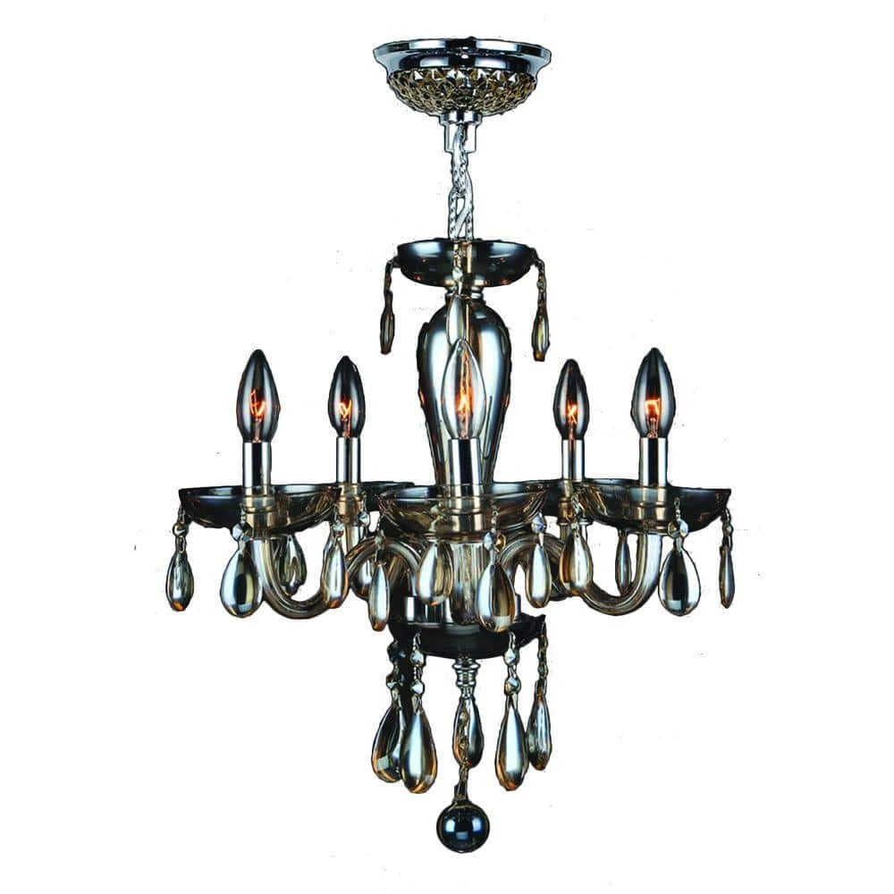 Gatsby 5-Light Polished Chrome and Golden Teak Hand-Blown Glass Chandelier by Worldwide Lighting 3 Gatsby 5-Light Polished Chrome and Golden Teak Hand-Blown Glass Chandelier by Worldwide Lighting