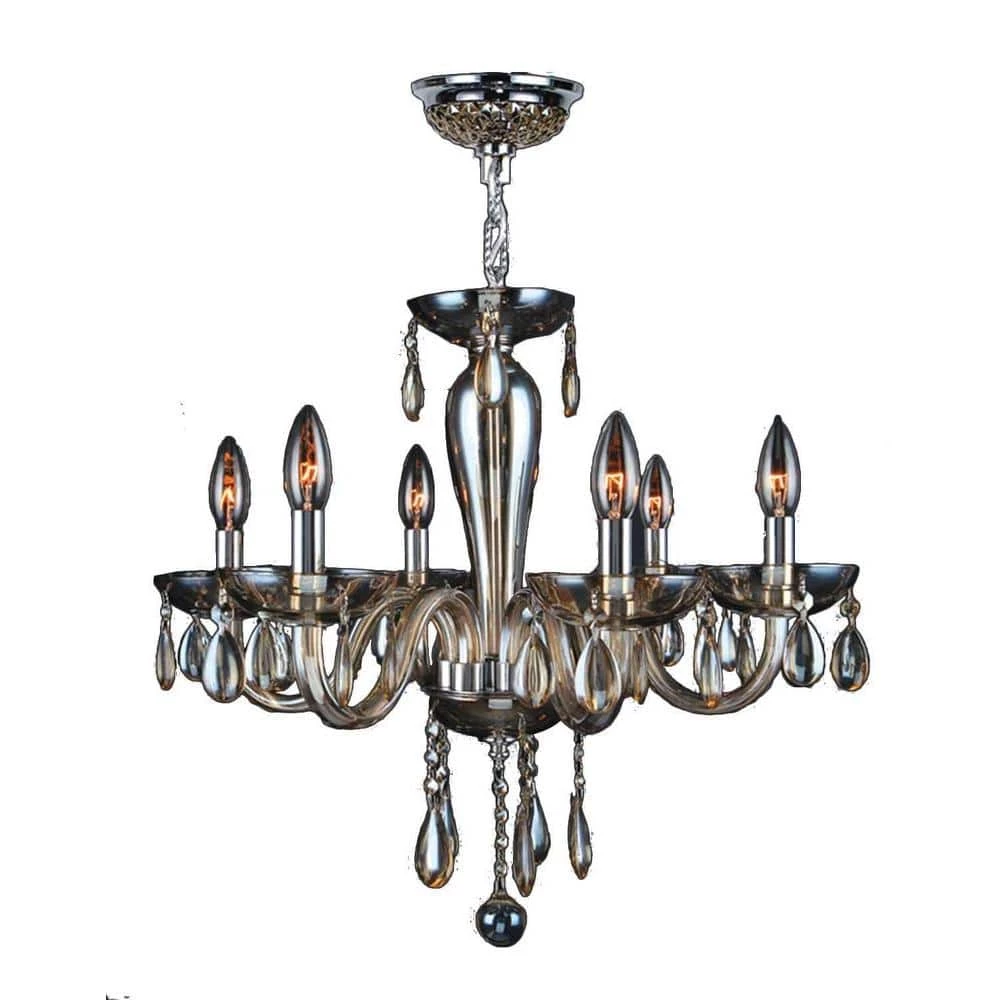 Gatsby 6-Light Polished Chrome Chandelier with Golden Teak Hand-Blown Glass with Shade by Worldwide Lighting 3 Gatsby 6-Light Polished Chrome Chandelier with Golden Teak Hand-Blown Glass with Shade by Worldwide Lighting